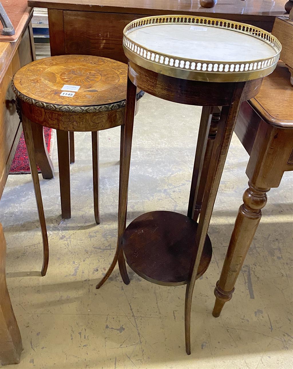 An Edwardian white marble topped jardiniere stand and a late 19th century French marquetry inlaid jardiniere stand, 33cm diameter